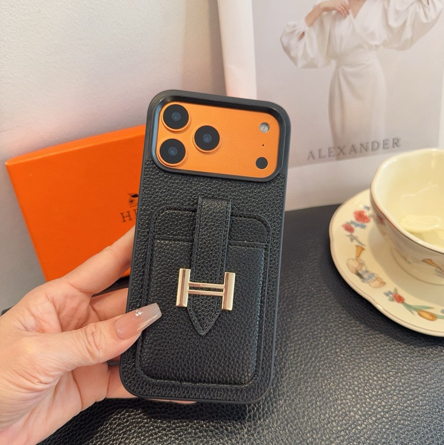 Hermès-Style Leather Card Holder Phone Case with H Buckle & Shockproof Bumper - The Luxe Case