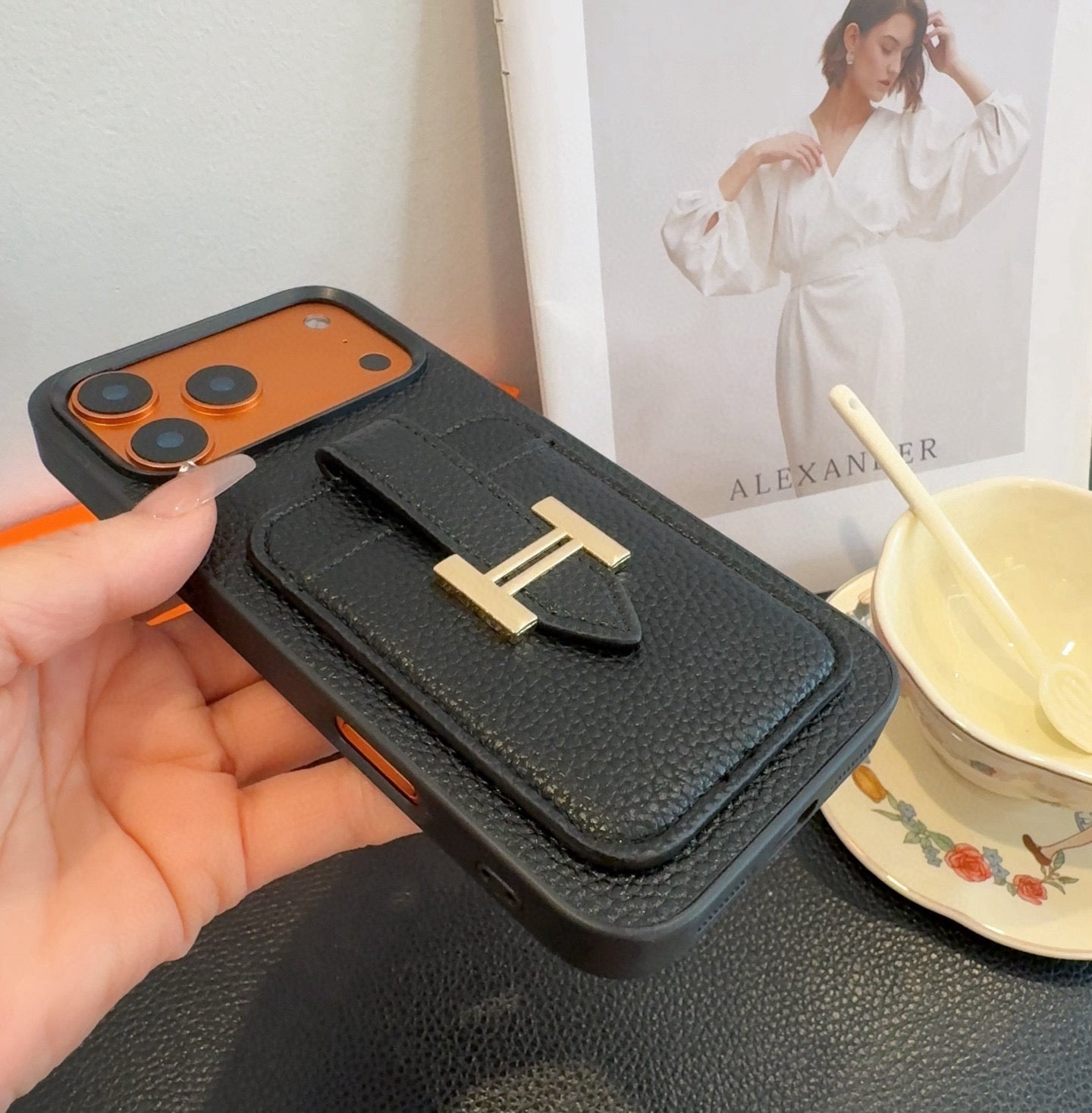 Hermès-Style Leather Card Holder Phone Case with H Buckle & Shockproof Bumper - The Luxe Case