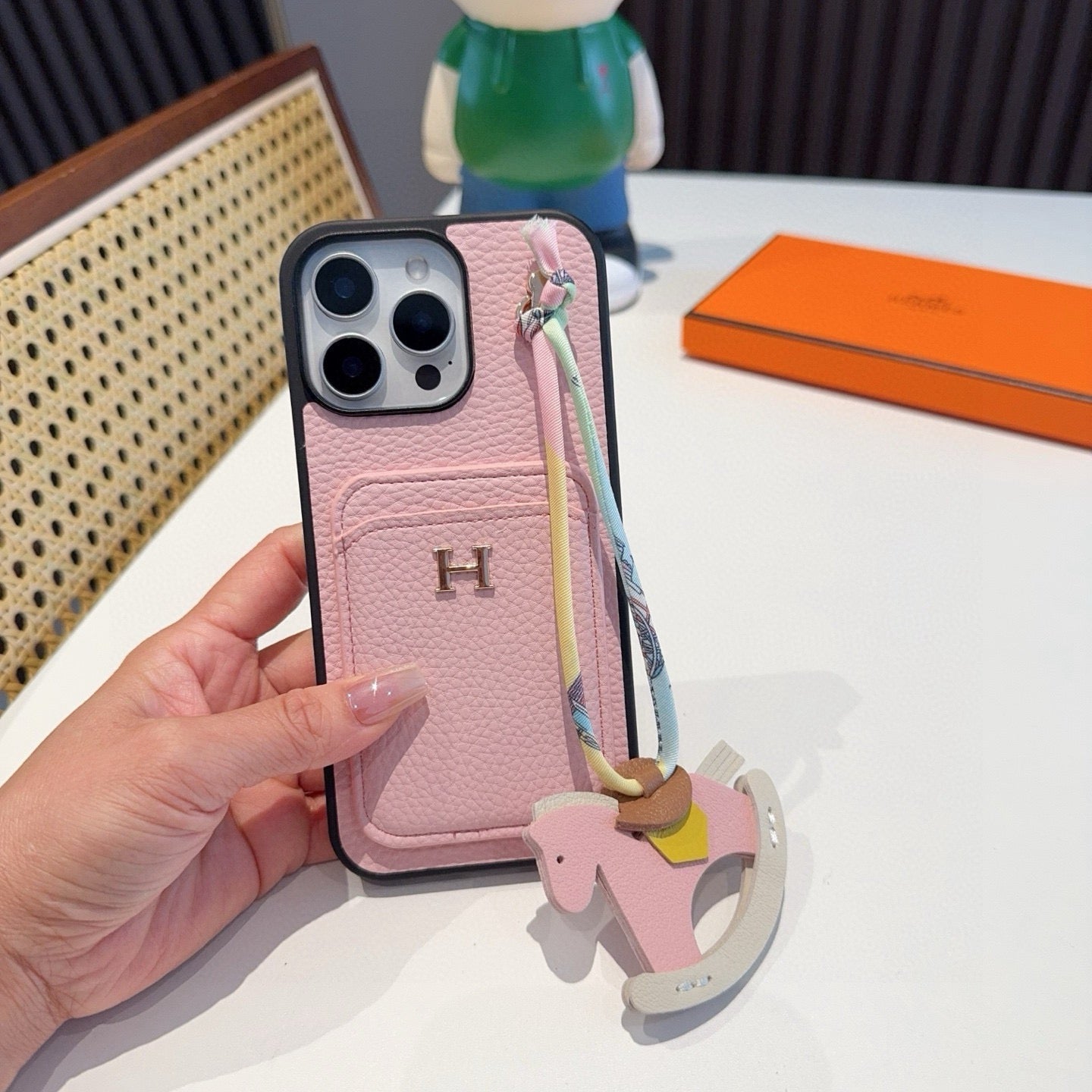 Hermès Style Luxury Leather Card Holder Phone Case | Wrist Strap & Horse Charm - The Luxe Case