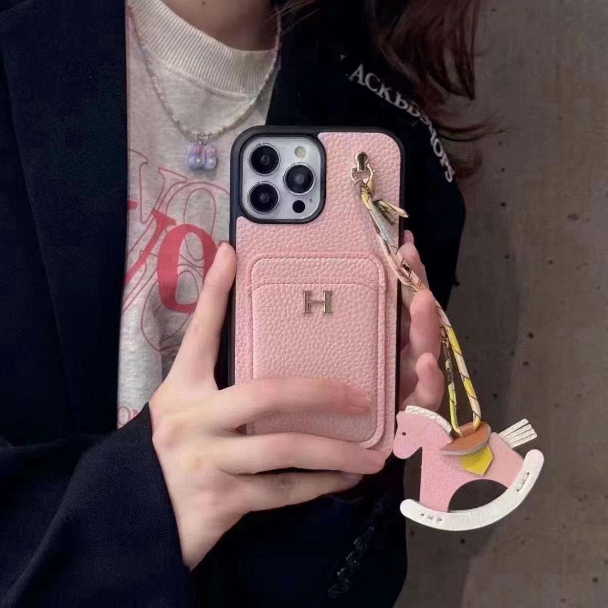 Hermès Style Luxury Leather Card Holder Phone Case | Wrist Strap & Horse Charm - The Luxe Case
