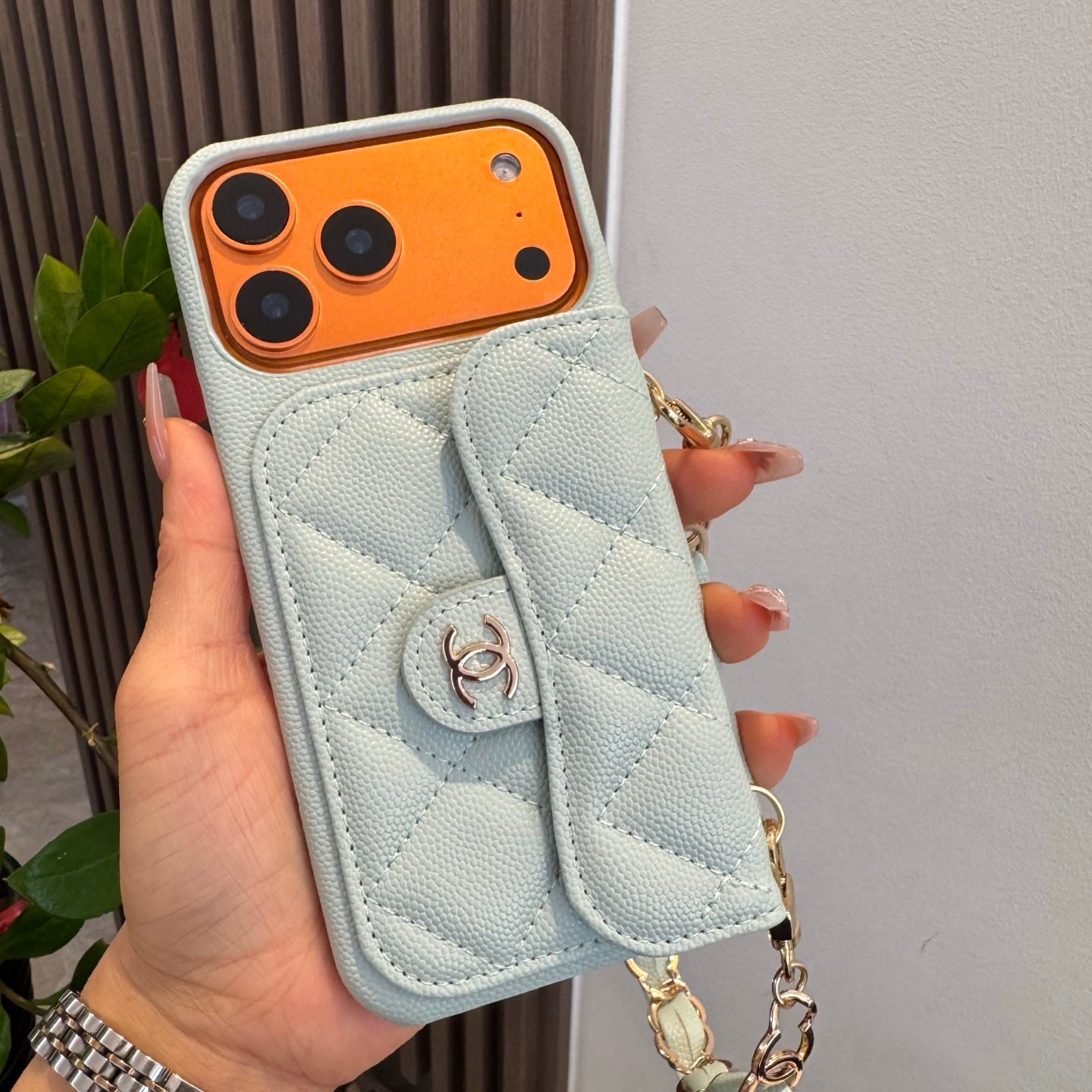 Light Blue Chanel Style Quilted Caviar Leather Card Slot Chain Strap Luxury Phone Case - The Luxe Case