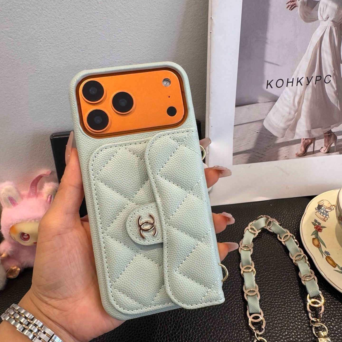 Light Blue Chanel Style Quilted Caviar Leather Card Slot Chain Strap Luxury Phone Case - The Luxe Case