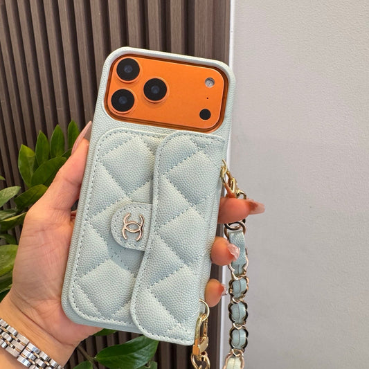 Light Blue Chanel Style Quilted Caviar Leather Card Slot Chain Strap Luxury Phone Case - The Luxe Case