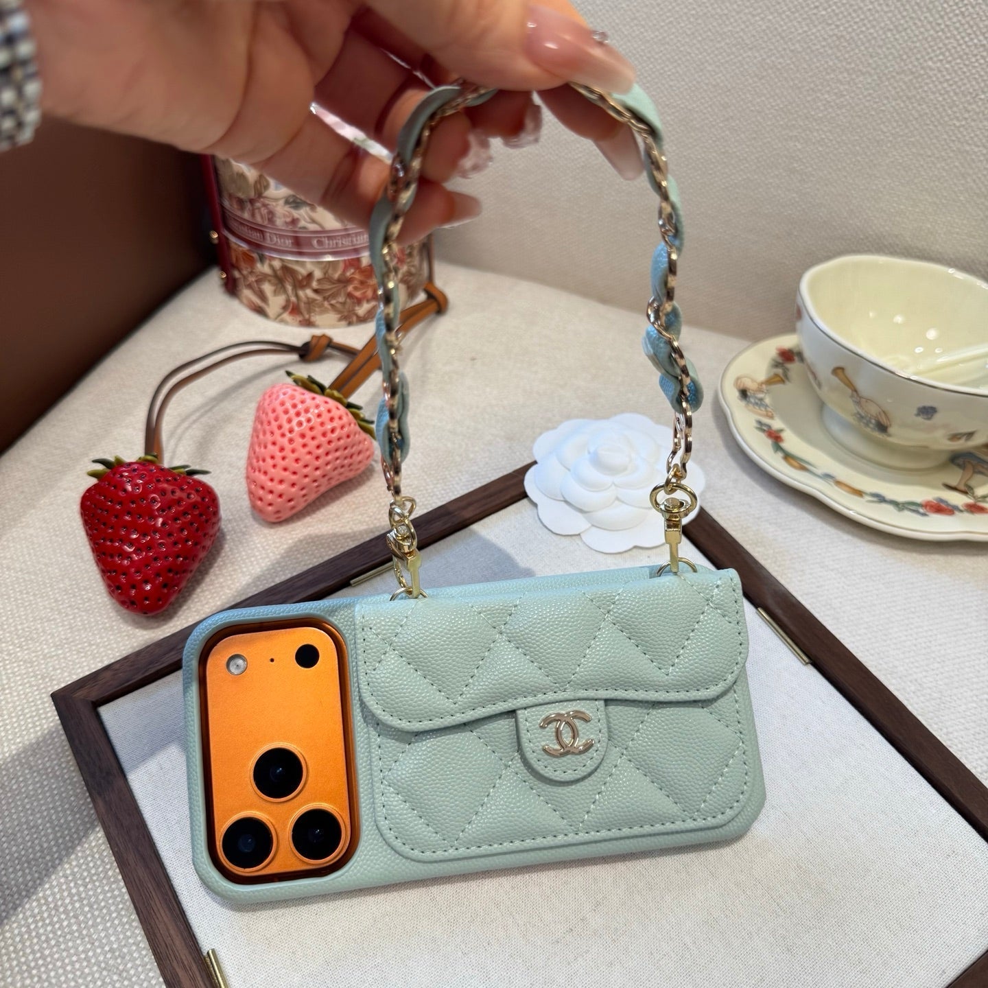 Light Blue Chanel Style Quilted Caviar Leather Card Slot Chain Strap Luxury Phone Case - The Luxe Case