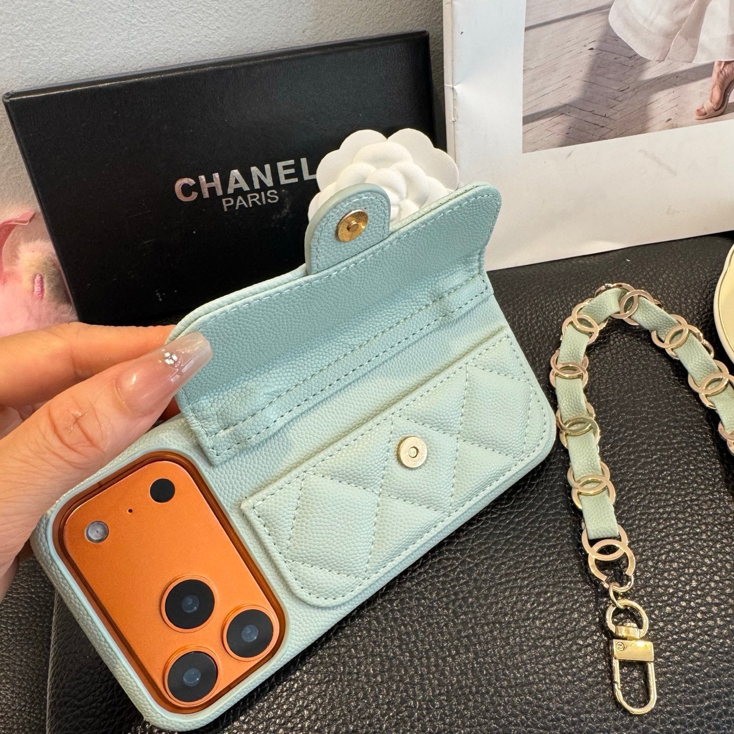 Light Blue Chanel Style Quilted Caviar Leather Card Slot Chain Strap Luxury Phone Case - The Luxe Case