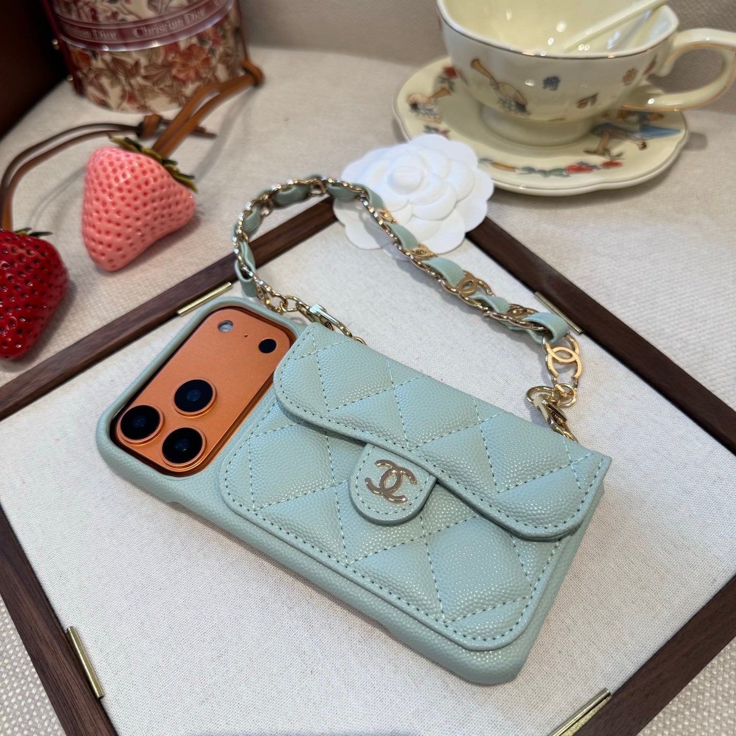 Light Blue Chanel Style Quilted Caviar Leather Card Slot Chain Strap Luxury Phone Case - The Luxe Case
