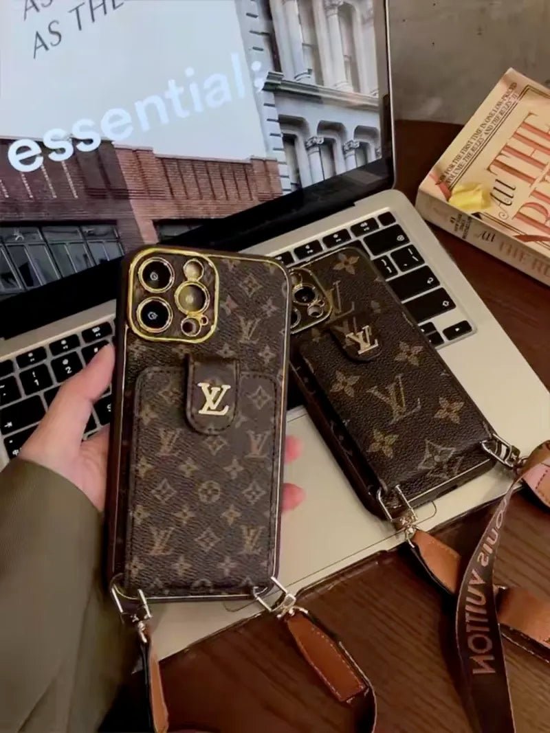 Monogram Leather V iPhone Wallet Case With Crossbody Strap - The Luxe Case