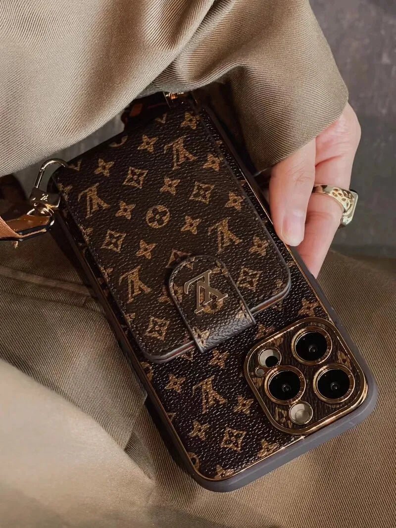 Monogram Leather V iPhone Wallet Case With Crossbody Strap - The Luxe Case