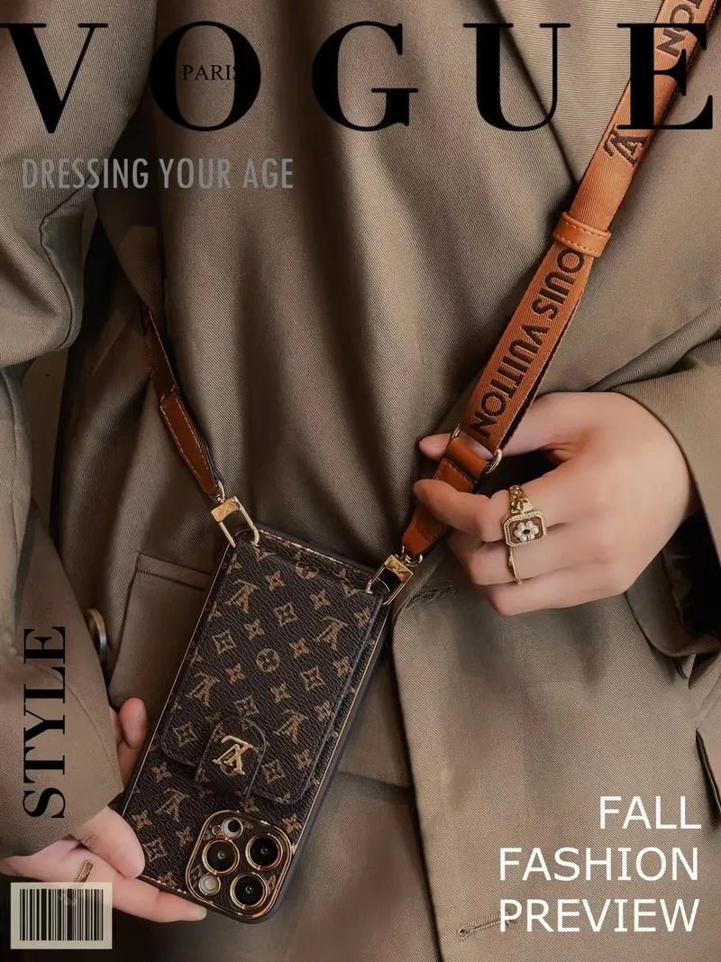 Monogram Leather V iPhone Wallet Case With Crossbody Strap - The Luxe Case