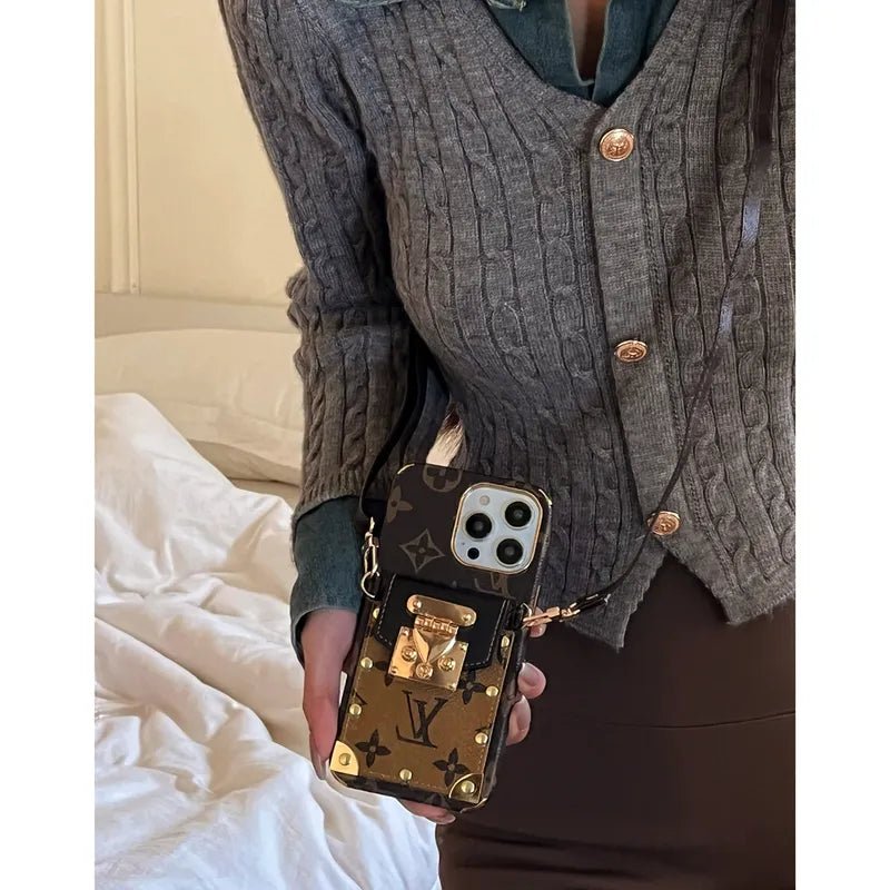 Monogram Leather V iPhone Wallet Case With Crossbody Strap - The Luxe Case