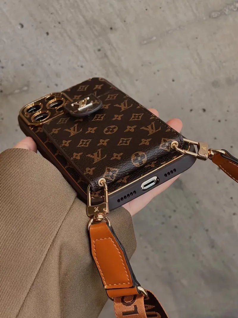 Monogram Leather V iPhone Wallet Case With Crossbody Strap - The Luxe Case