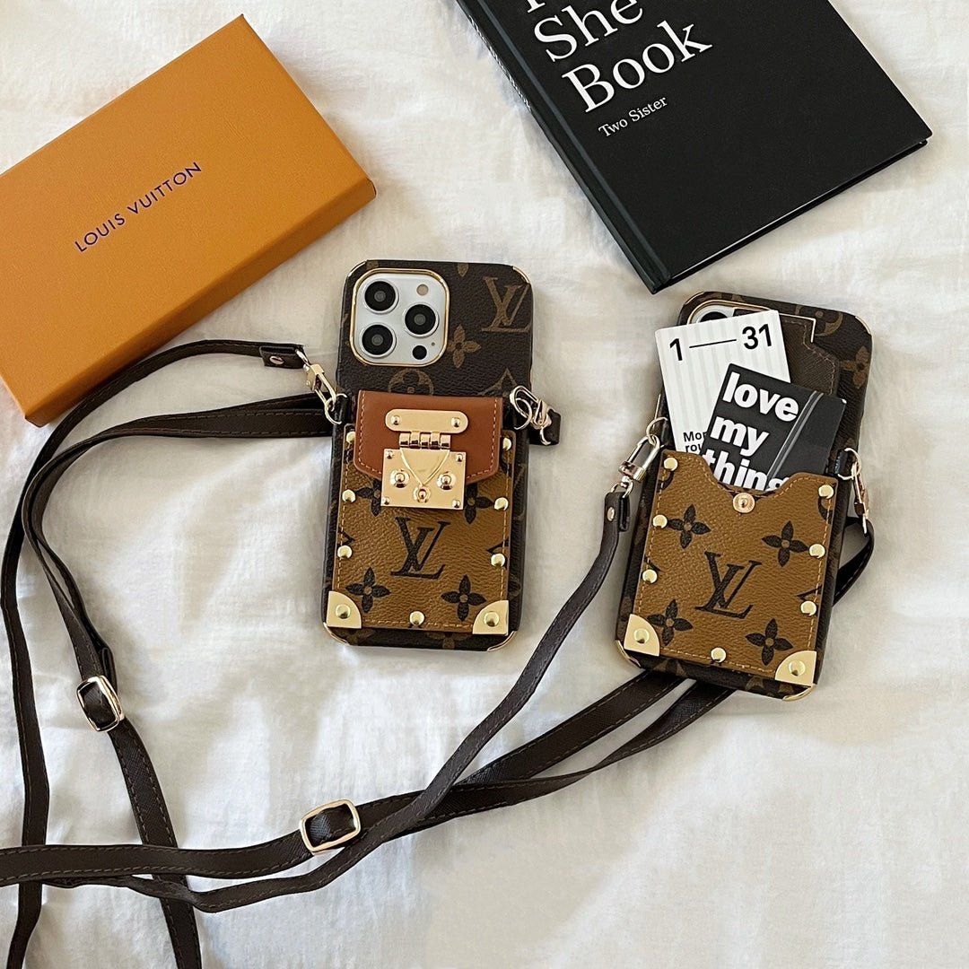 Stylish LV iPhone Case with Card Holder & Crossbody Strap - The Luxe Case