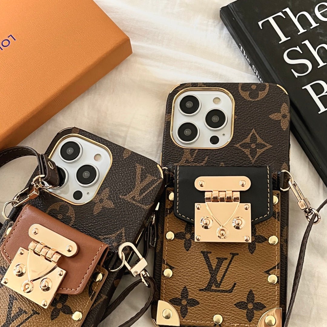 Stylish LV iPhone Case with Card Holder & Crossbody Strap - The Luxe Case