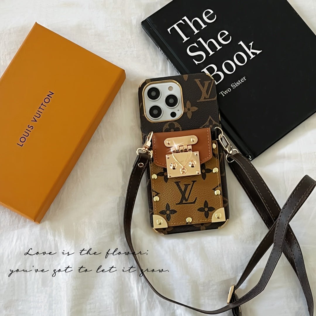 Stylish LV iPhone Case with Card Holder & Crossbody Strap - The Luxe Case