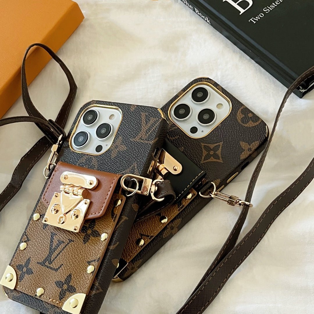 Stylish LV iPhone Case with Card Holder & Crossbody Strap - The Luxe Case