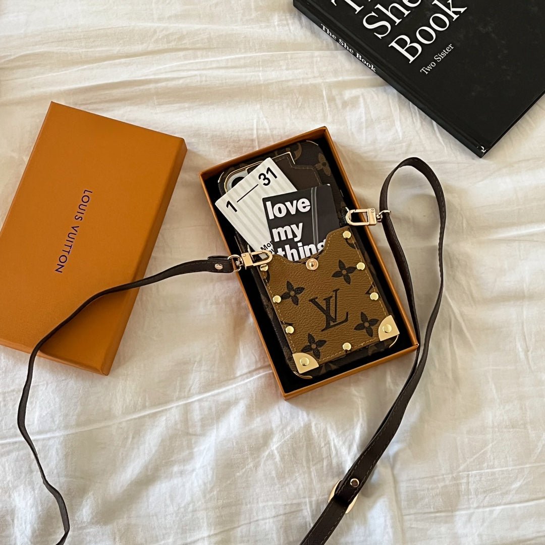Stylish LV iPhone Case with Card Holder & Crossbody Strap - The Luxe Case